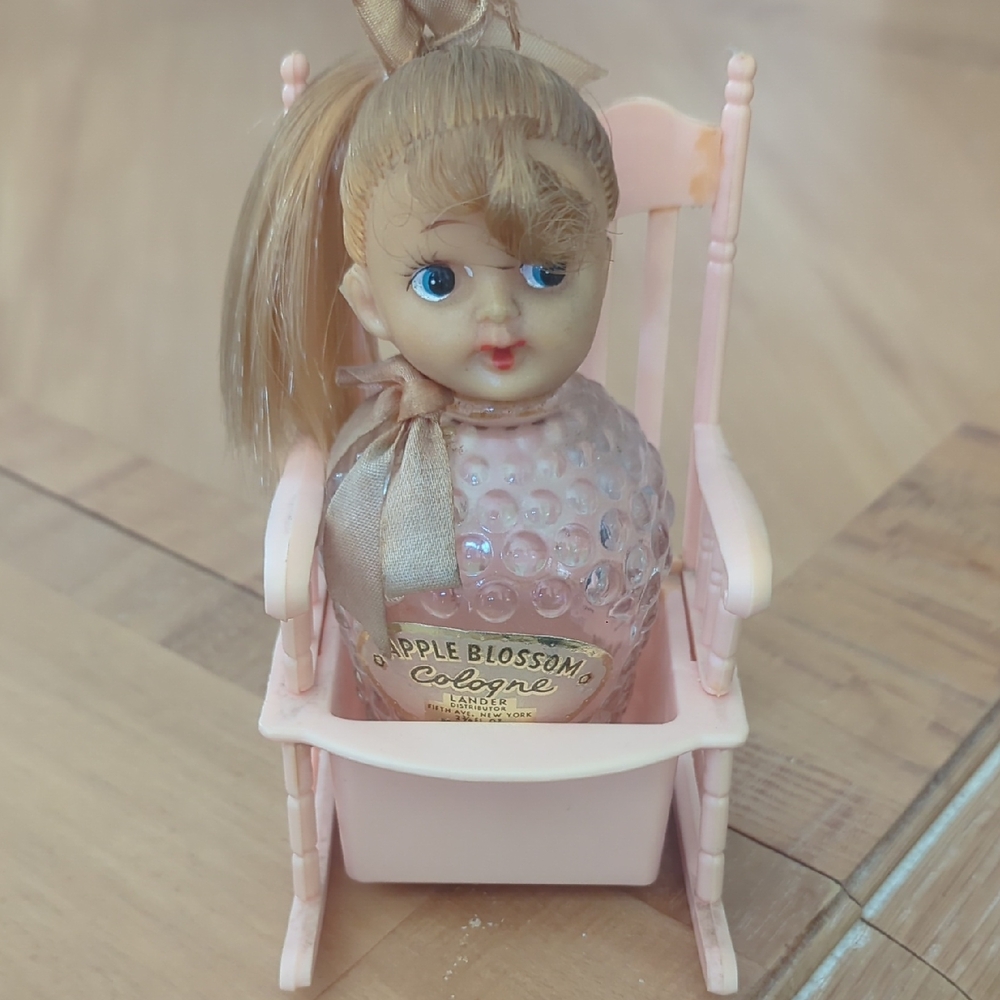Lander Vintage Apple Blossom Cologne Doll Bottle in Pink Plastic Rocking Chair